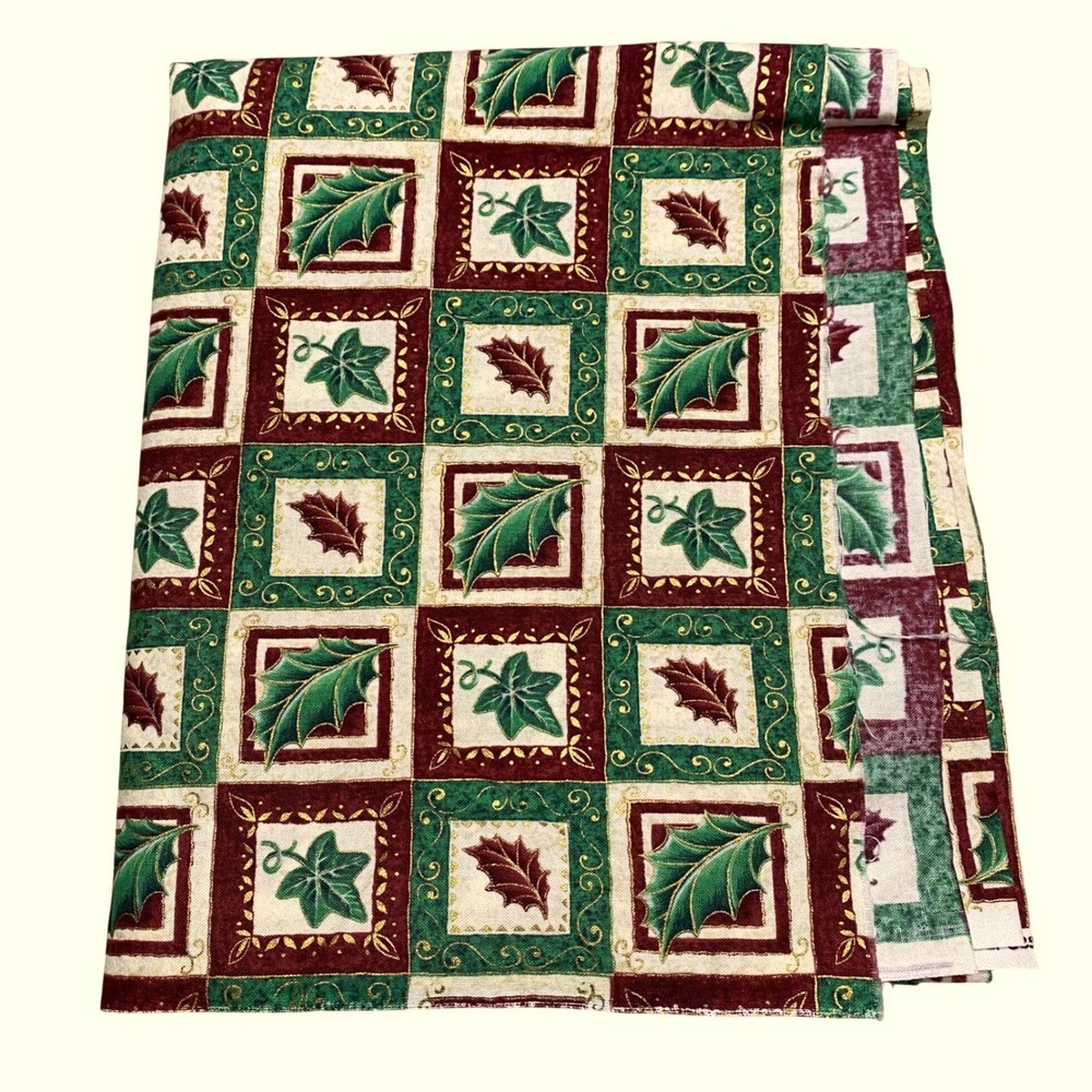 Vtg 90s Noel Christmas Cotton Fabric Holly Ivy 41" x 68" Holiday Festive Japan